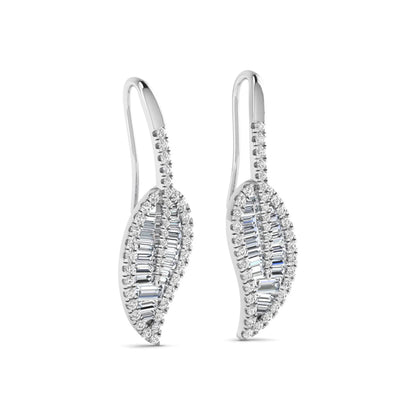 Baguette and round cut lab grown diamond leaf drop earrings with prong setting in white gold tone featuring an elegant elongated design.