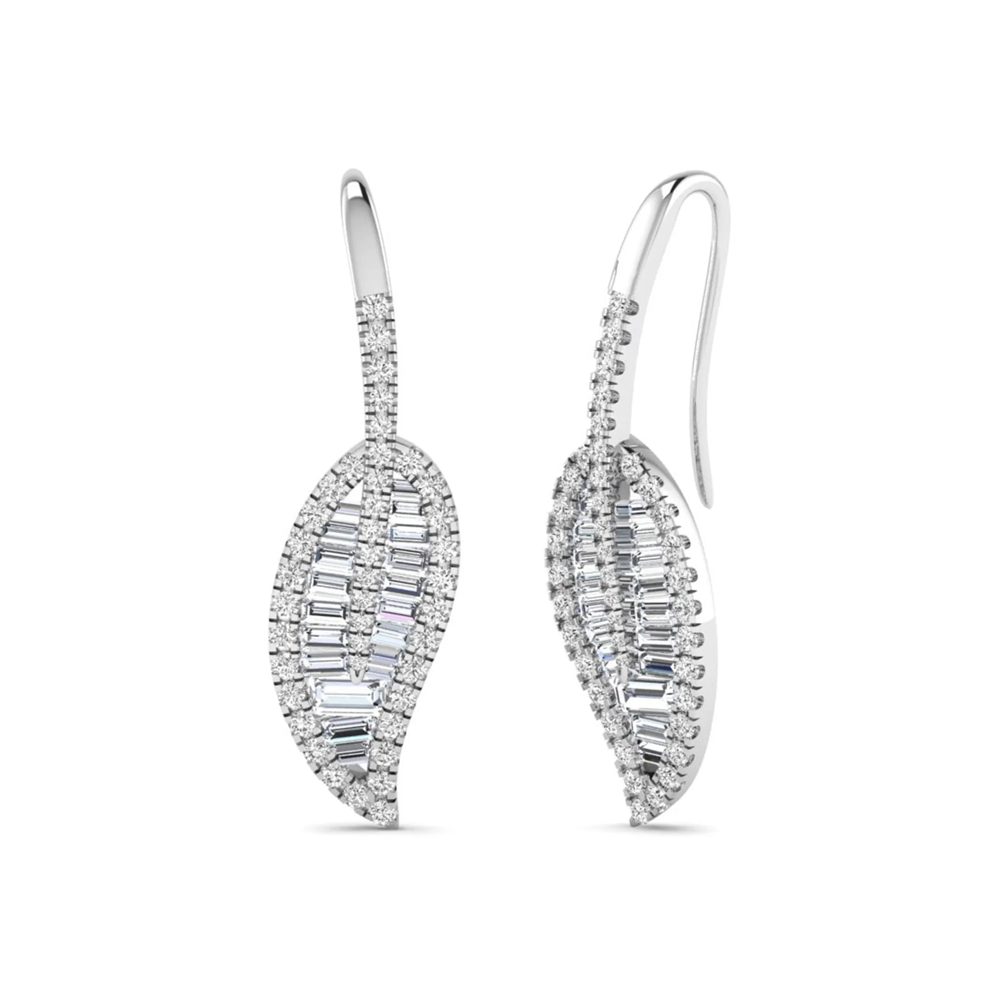 Baguette and round cut lab grown diamond leaf drop earrings with prong setting in white gold tone featuring an elegant elongated design.