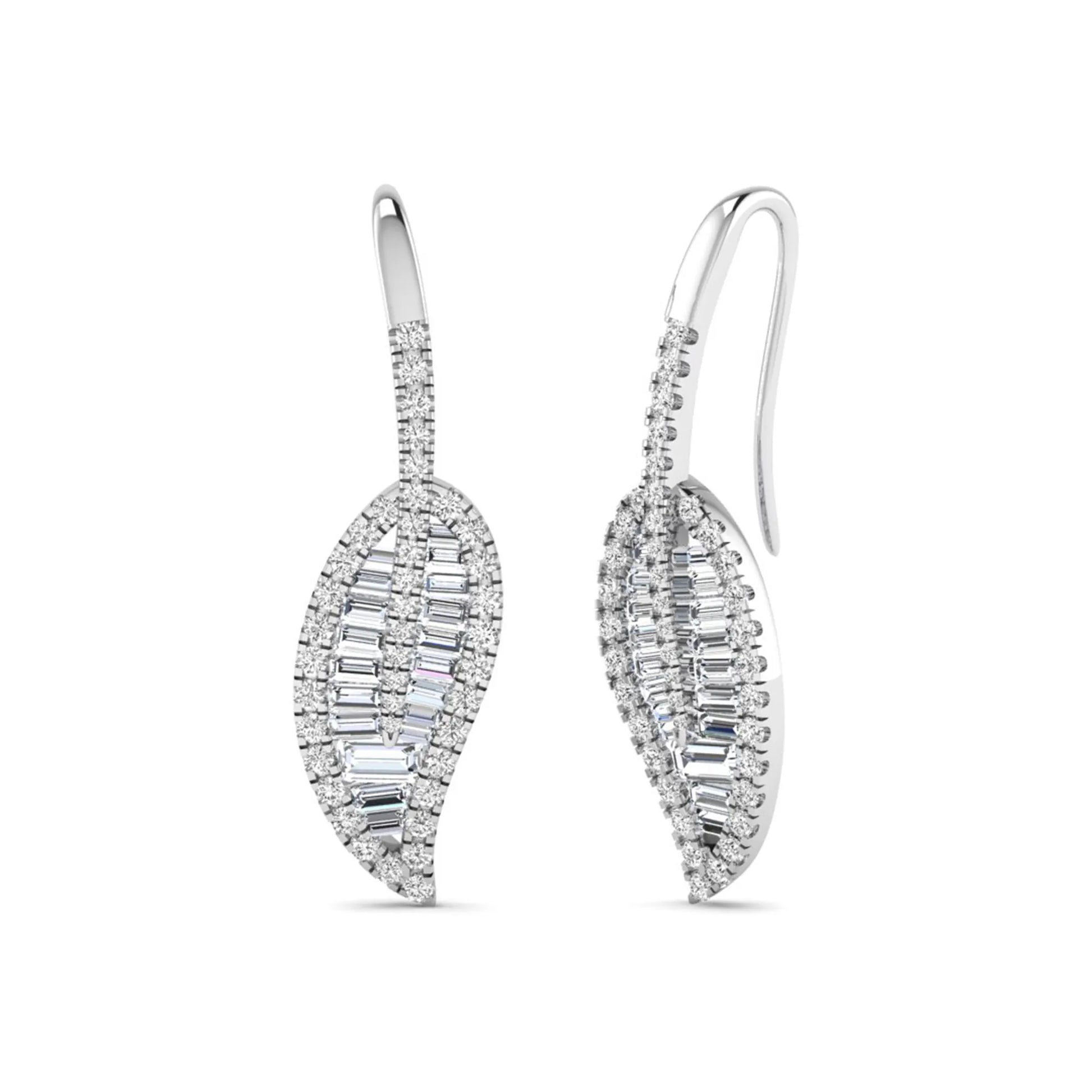 Baguette and round cut lab grown diamond leaf drop earrings with prong setting in white gold tone featuring an elegant elongated design.