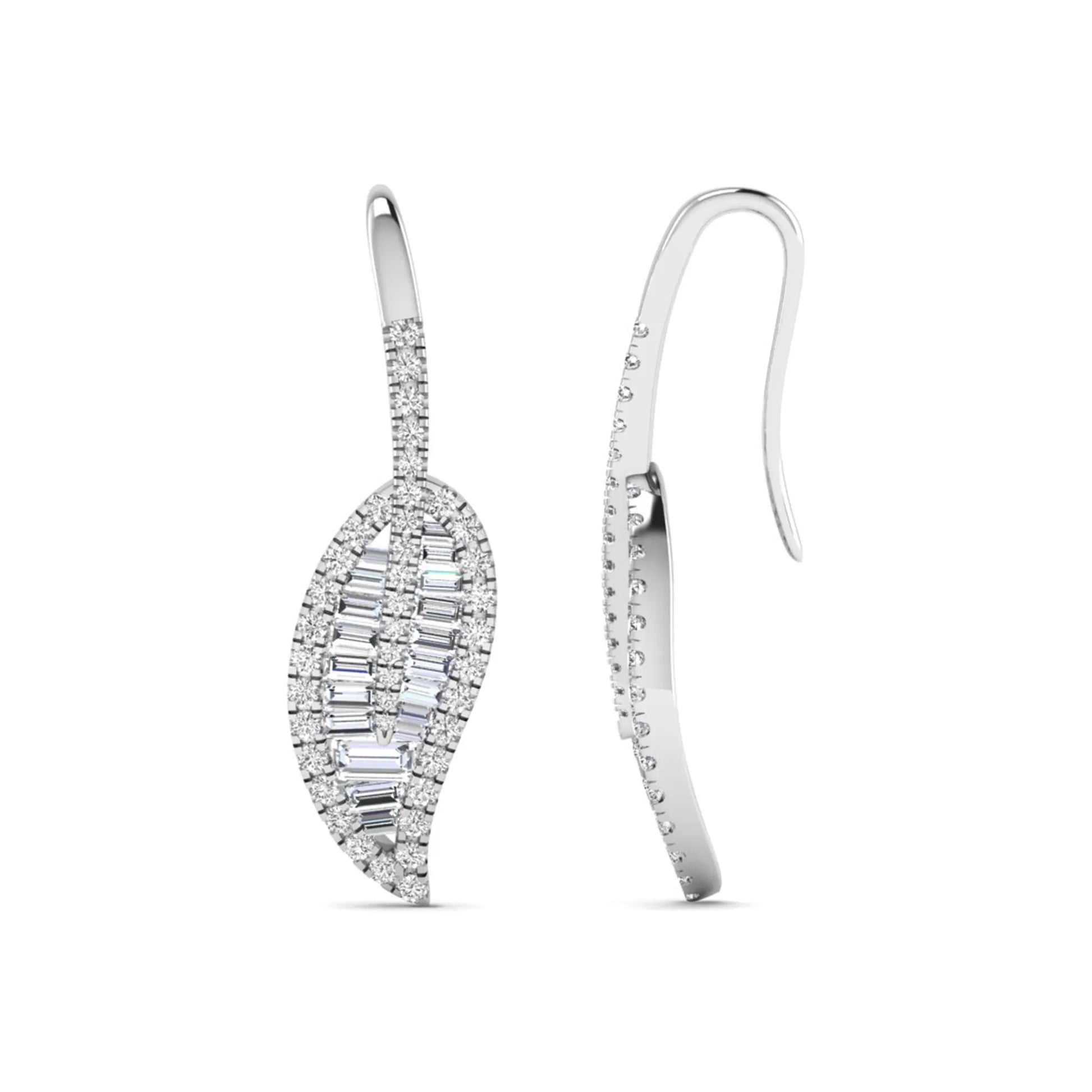 Baguette and round cut lab grown diamond leaf drop earrings with prong setting in white gold tone featuring an elegant elongated design.