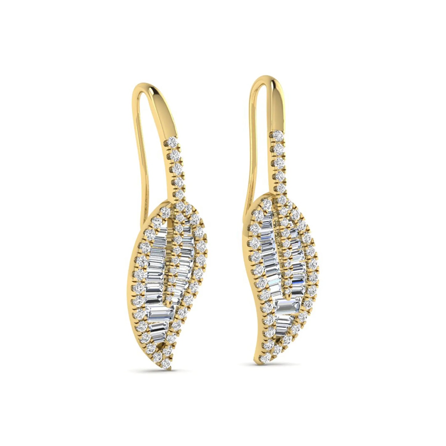 Baguette and round cut lab grown diamond leaf drop earrings with prong setting in yellow gold tone featuring an elegant elongated design.