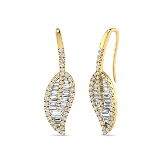Baguette and round cut lab grown diamond leaf drop earrings with prong setting in yellow gold tone featuring an elegant elongated design.