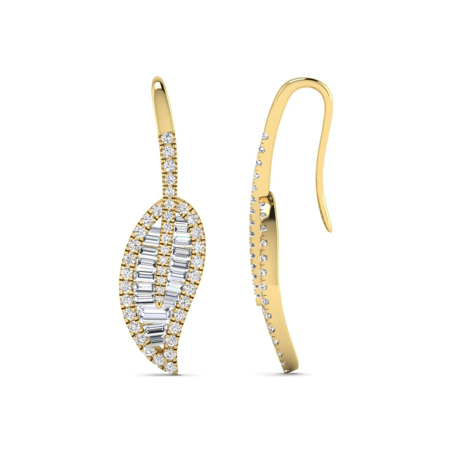 Baguette and round cut lab grown diamond leaf drop earrings with prong setting in yellow gold tone featuring an elegant elongated design.