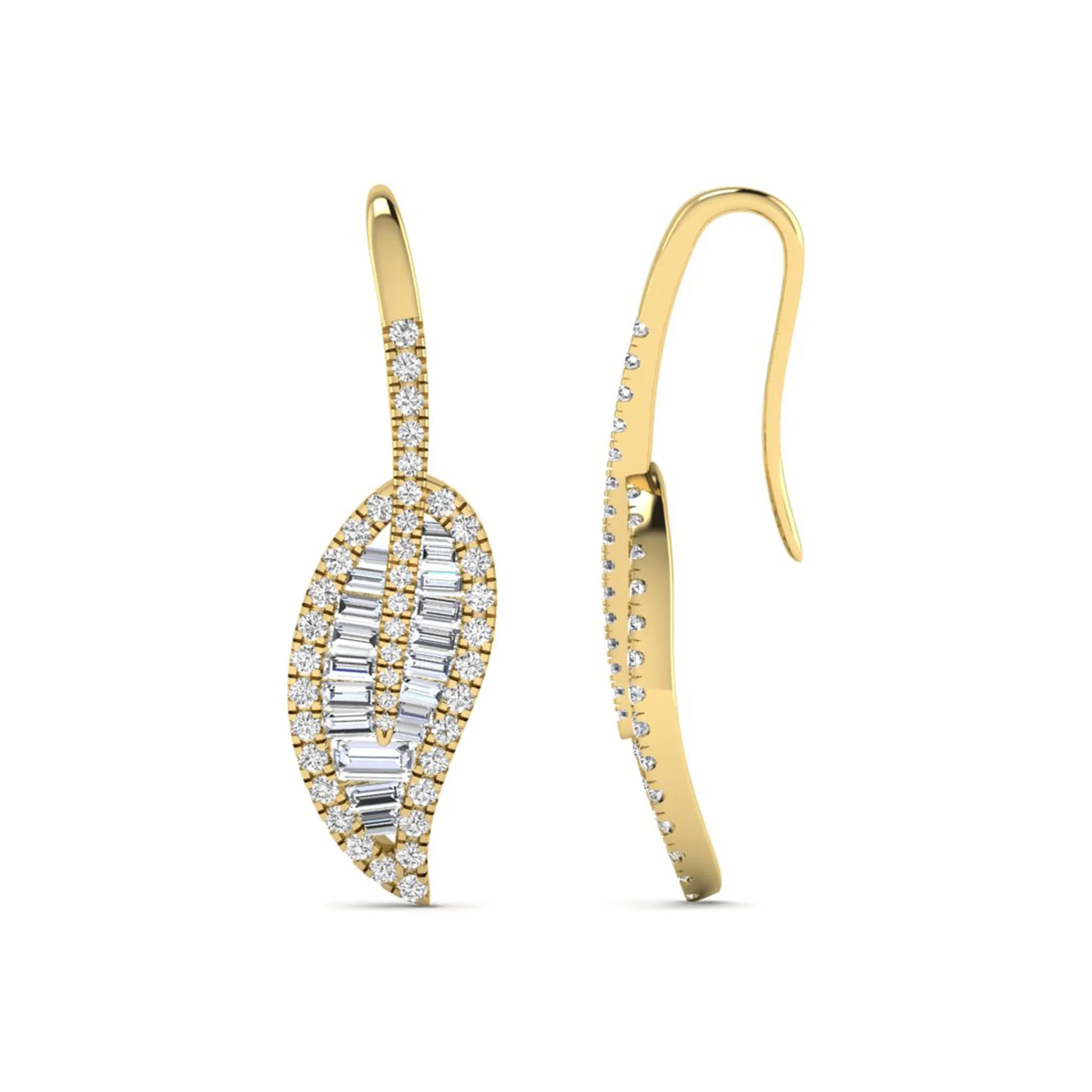 Baguette and round cut lab grown diamond leaf drop earrings with prong setting in yellow gold tone featuring an elegant elongated design.