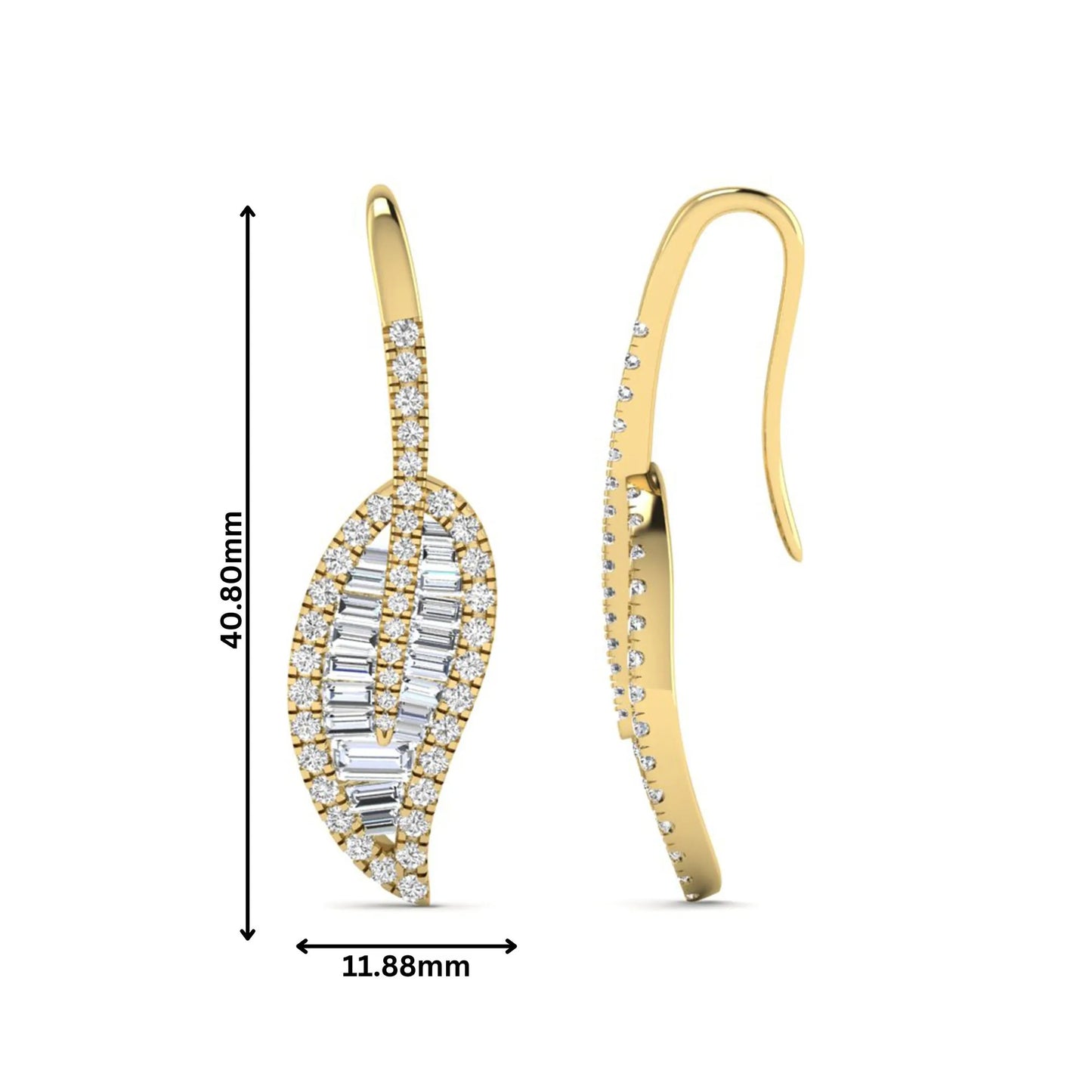 Baguette and round cut lab grown diamond leaf drop earrings with prong setting in yellow gold tone featuring an elegant elongated design.