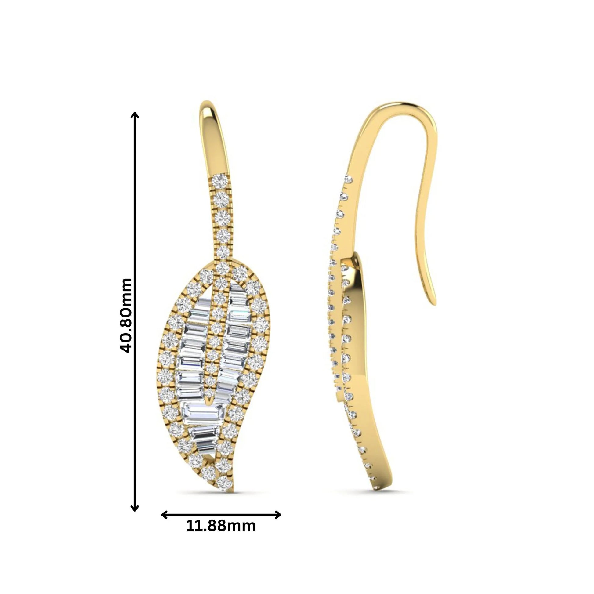 Baguette and round cut lab grown diamond leaf drop earrings with prong setting in yellow gold tone featuring an elegant elongated design.