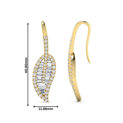 Baguette and round cut lab grown diamond leaf drop earrings with prong setting in yellow gold tone featuring an elegant elongated design.