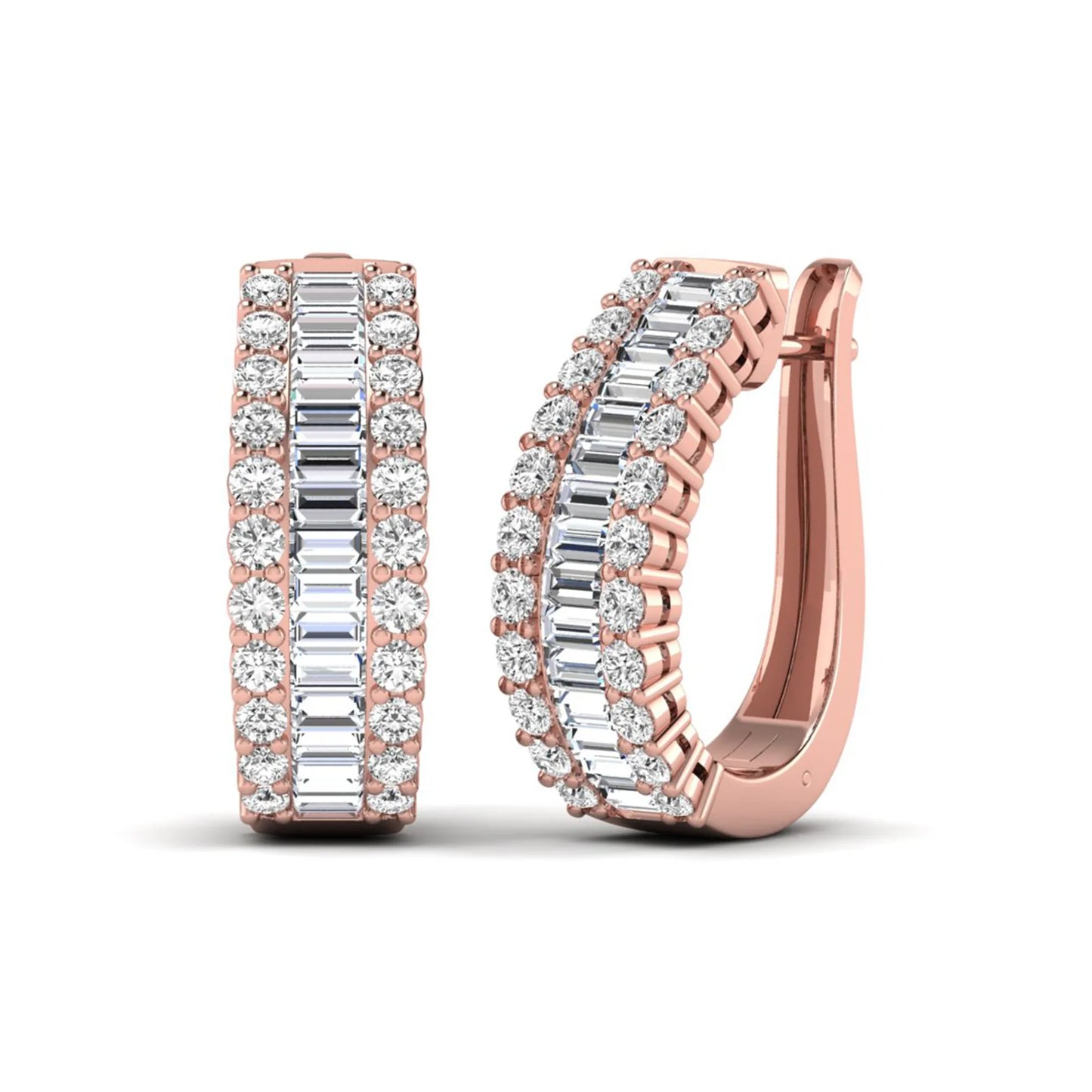 Baguette and round cut lab grown diamond double row hoop earrings featuring channel set center diamonds, shared prong outer rows, hinged snap closure, and rose gold tone design.