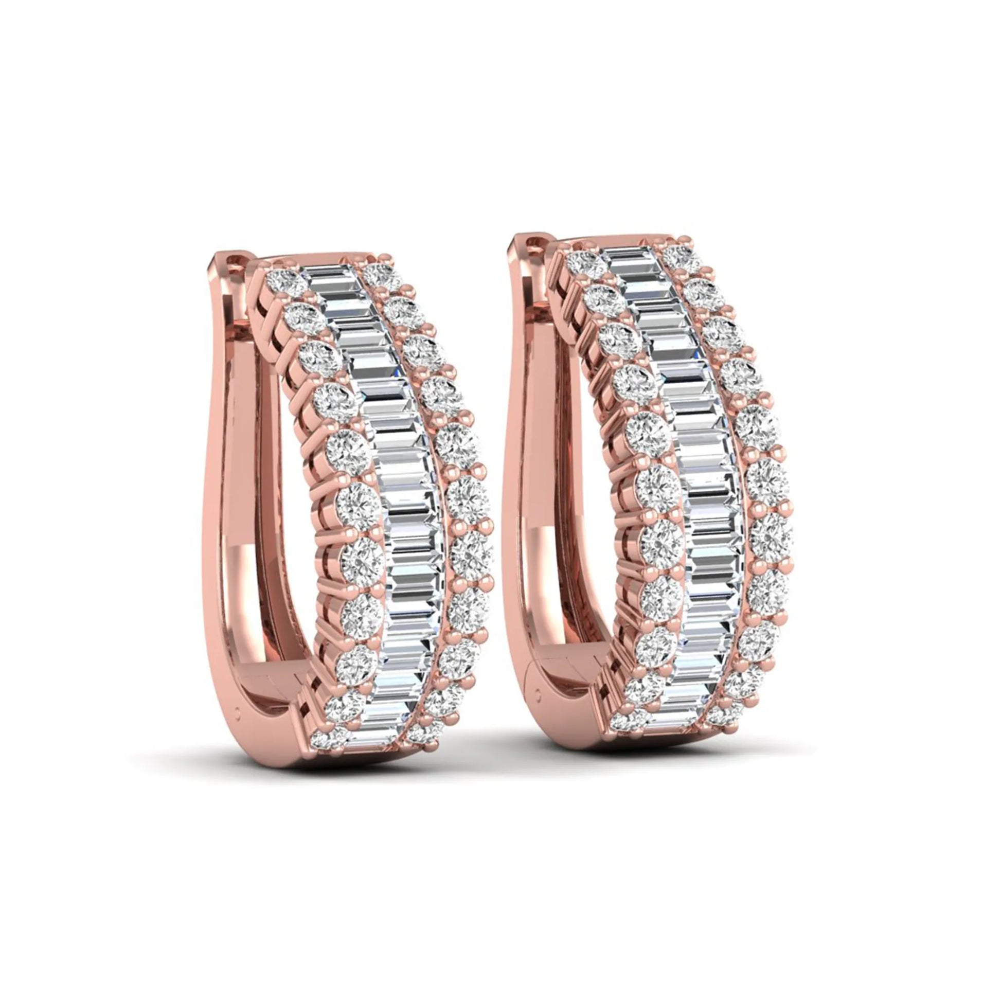 Baguette and round cut lab grown diamond double row hoop earrings featuring channel set center diamonds, shared prong outer rows, hinged snap closure, and rose gold tone design.