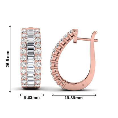 Baguette and round cut lab grown diamond double row hoop earrings featuring channel set center diamonds, shared prong outer rows, hinged snap closure, and rose gold tone design.