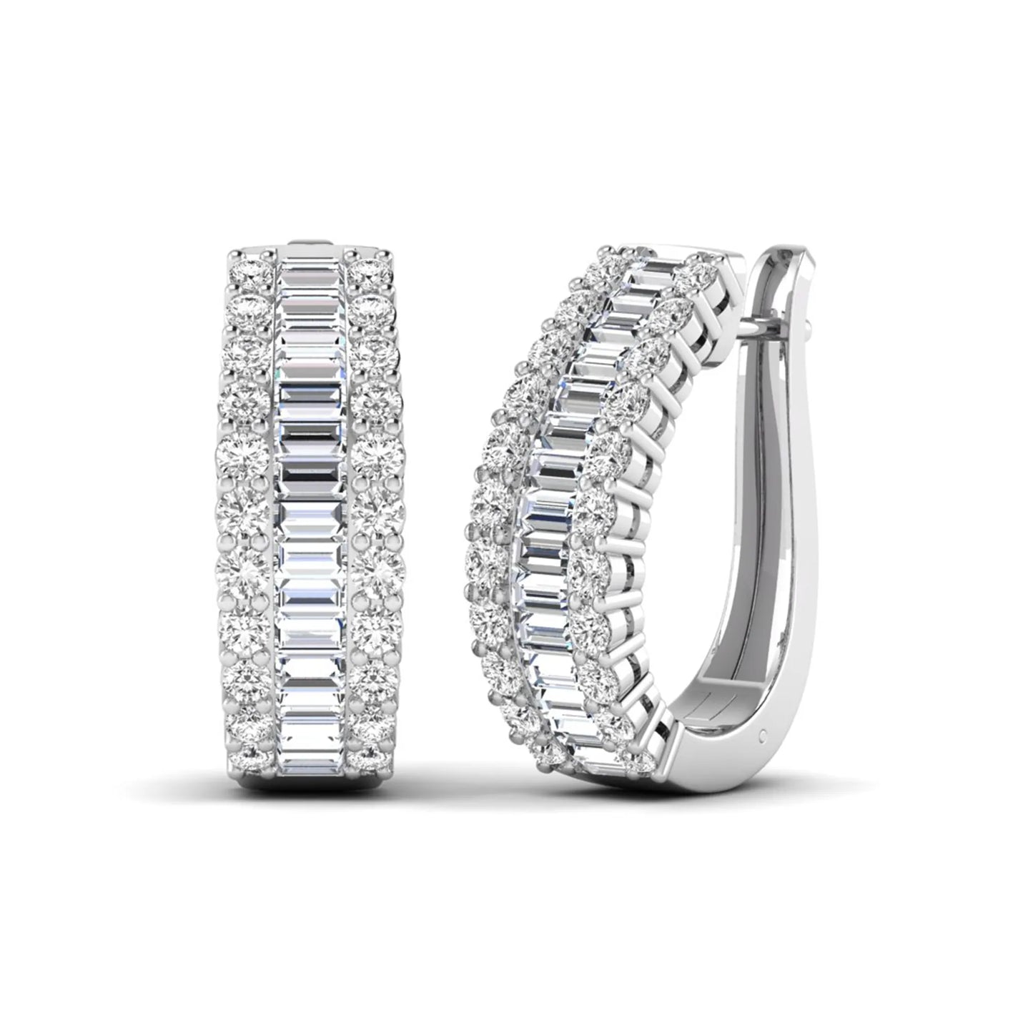 Baguette and round cut lab grown diamond double row hoop earrings featuring channel set center diamonds, shared prong outer rows, hinged snap closure, and white gold tone design.