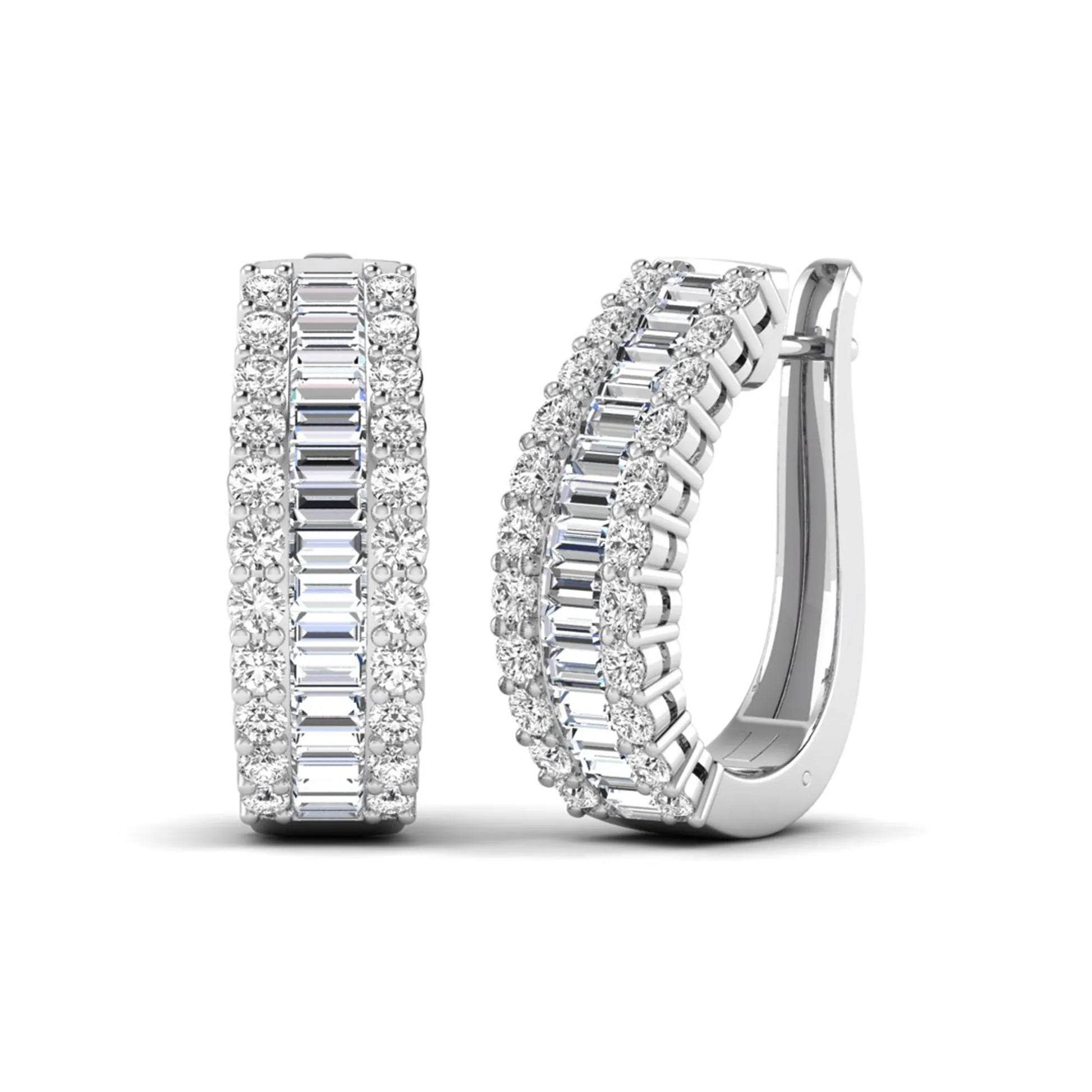 Baguette and round cut lab grown diamond double row hoop earrings featuring channel set center diamonds, shared prong outer rows, hinged snap closure, and white gold tone design.