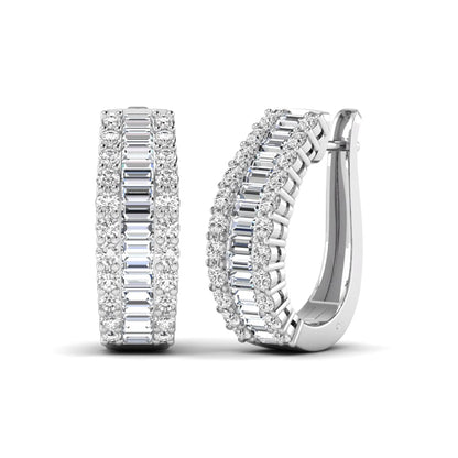 Baguette and round cut lab grown diamond double row hoop earrings featuring channel set center diamonds, shared prong outer rows, hinged snap closure, and white gold tone design.