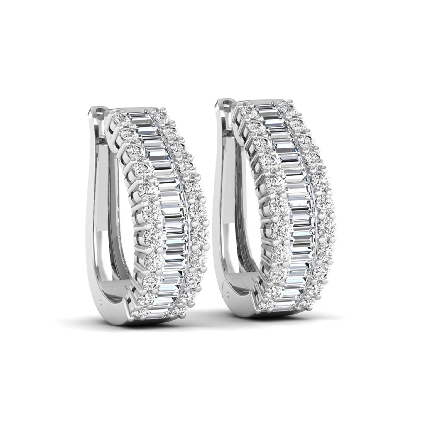 Baguette and round cut lab grown diamond double row hoop earrings featuring channel set center diamonds, shared prong outer rows, hinged snap closure, and white gold tone design.