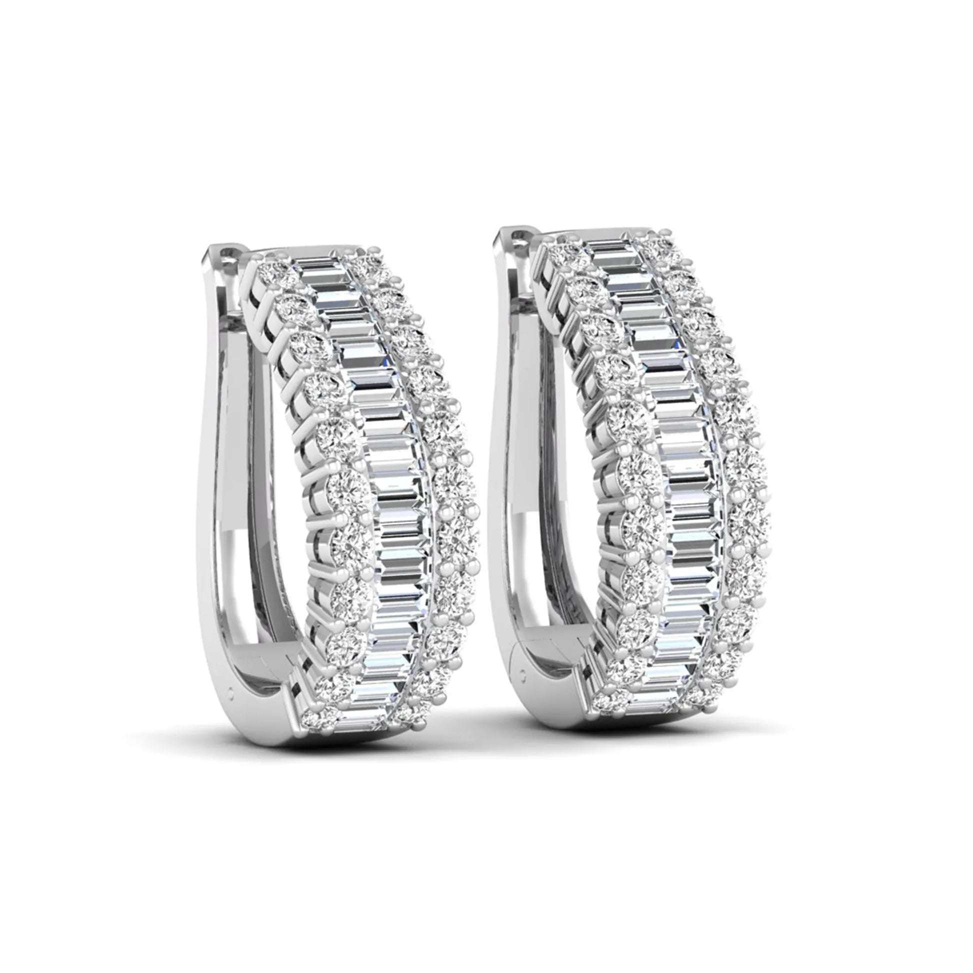 Baguette and round cut lab grown diamond double row hoop earrings featuring channel set center diamonds, shared prong outer rows, hinged snap closure, and white gold tone design.