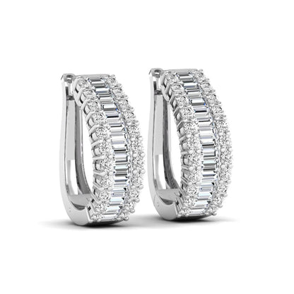 Baguette and round cut lab grown diamond double row hoop earrings featuring channel set center diamonds, shared prong outer rows, hinged snap closure, and white gold tone design.
