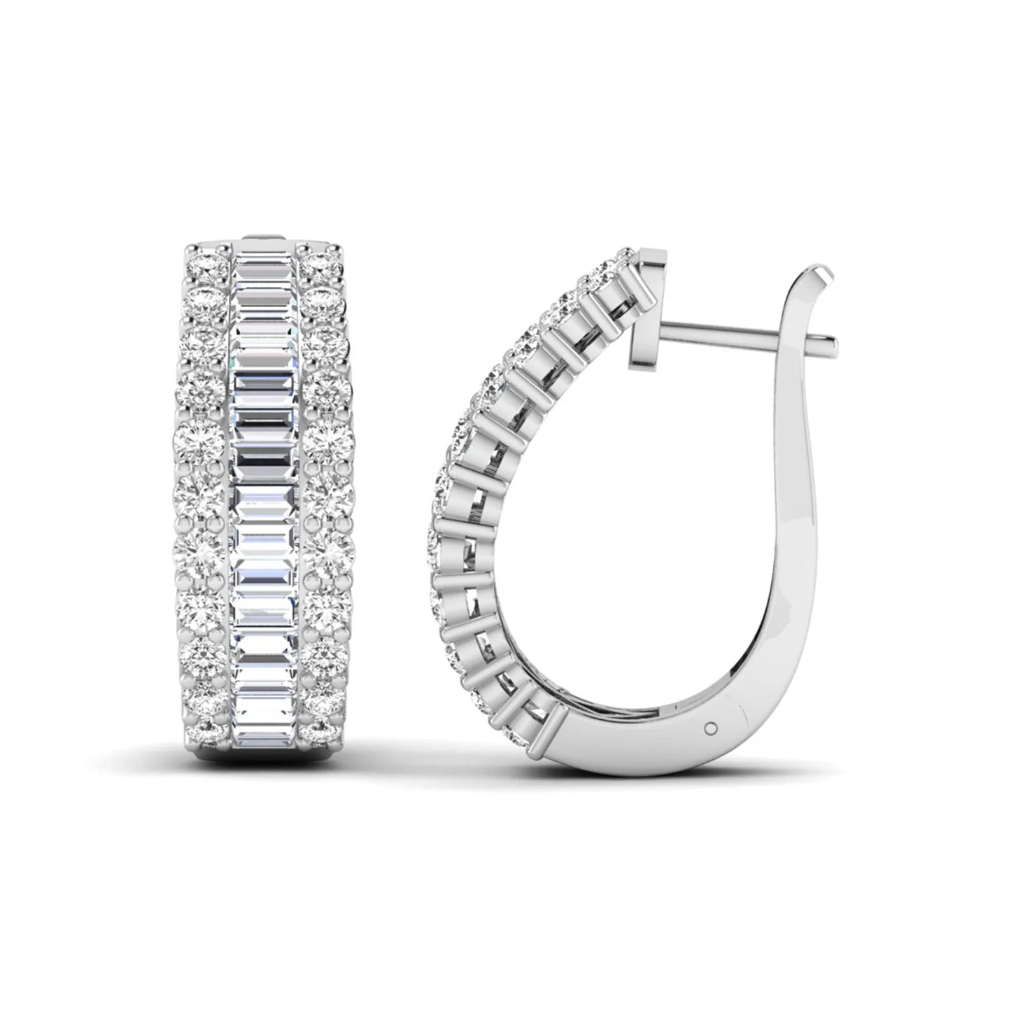 Baguette and round cut lab grown diamond double row hoop earrings featuring channel set center diamonds, shared prong outer rows, hinged snap closure, and white gold tone design.