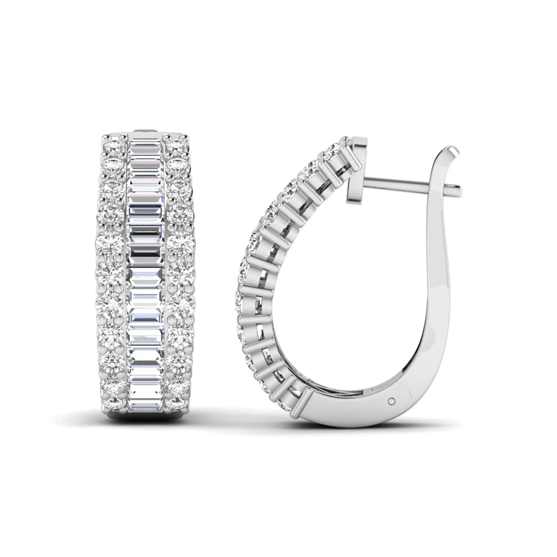 Baguette and round cut lab grown diamond double row hoop earrings featuring channel set center diamonds, shared prong outer rows, hinged snap closure, and white gold tone design.