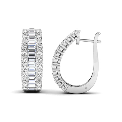 Baguette and round cut lab grown diamond double row hoop earrings featuring channel set center diamonds, shared prong outer rows, hinged snap closure, and white gold tone design.