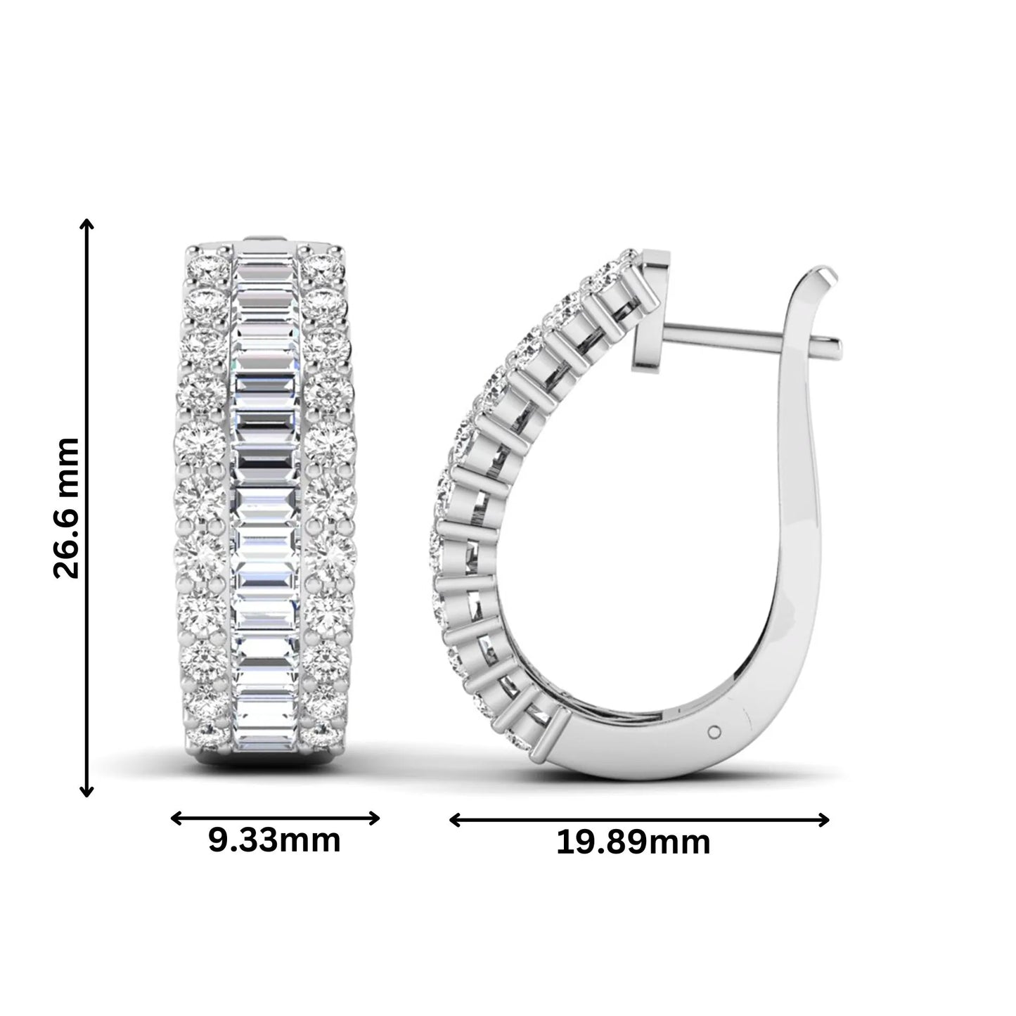 Baguette and round cut lab grown diamond double row hoop earrings featuring channel set center diamonds, shared prong outer rows, hinged snap closure, and white gold tone design.