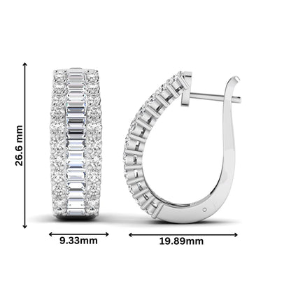 Baguette and round cut lab grown diamond double row hoop earrings featuring channel set center diamonds, shared prong outer rows, hinged snap closure, and white gold tone design.