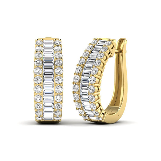 Baguette and round cut lab grown diamond double row hoop earrings featuring channel set center diamonds, shared prong outer rows, hinged snap closure, and yellow gold tone design.