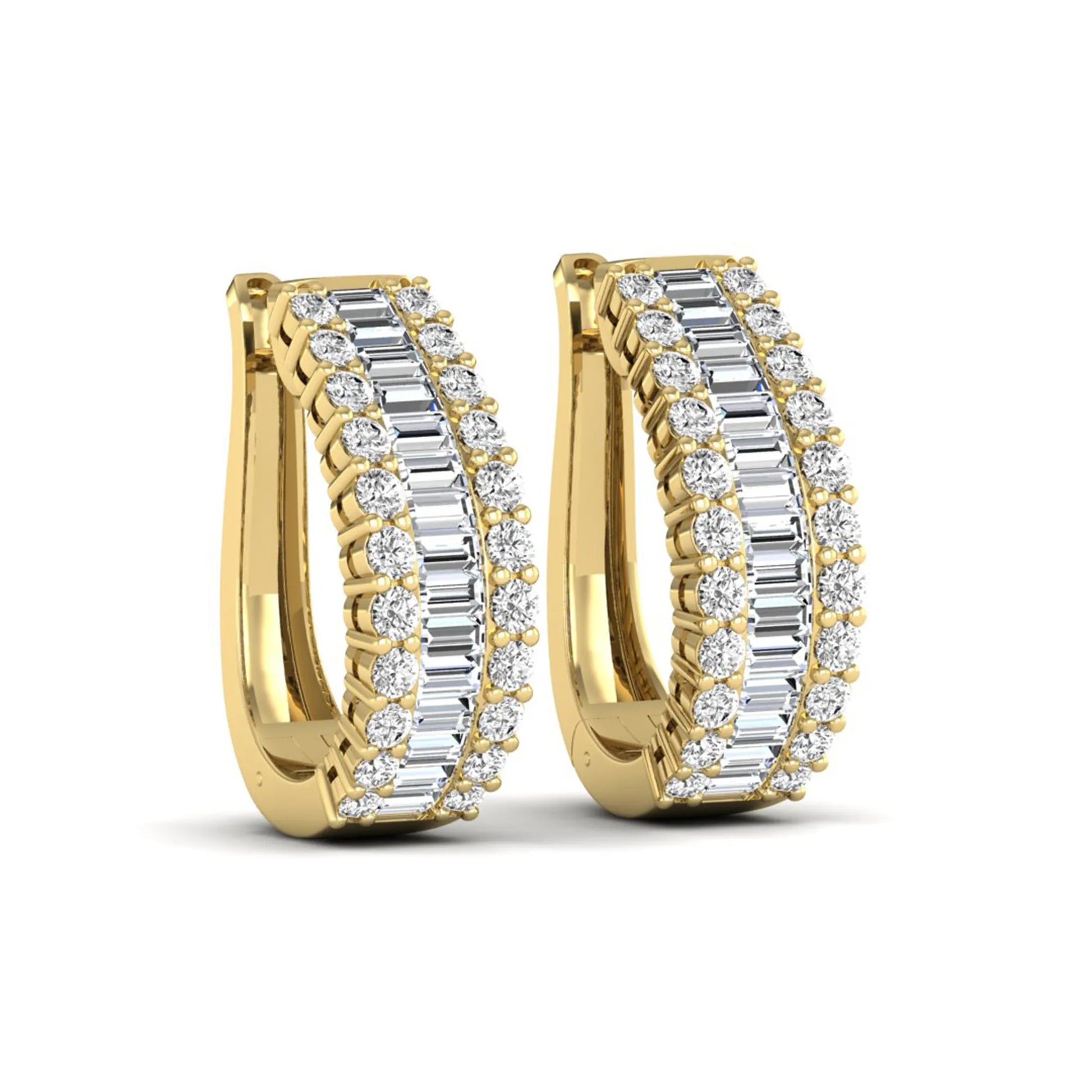 Baguette and round cut lab grown diamond double row hoop earrings featuring channel set center diamonds, shared prong outer rows, hinged snap closure, and yellow gold tone design.