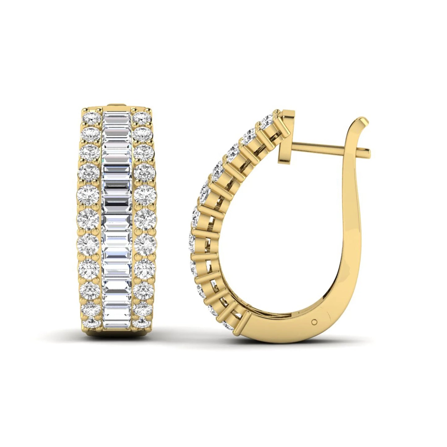 Baguette and round cut lab grown diamond double row hoop earrings featuring channel set center diamonds, shared prong outer rows, hinged snap closure, and yellow gold tone design.