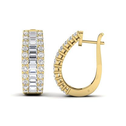 Baguette and round cut lab grown diamond double row hoop earrings featuring channel set center diamonds, shared prong outer rows, hinged snap closure, and yellow gold tone design.