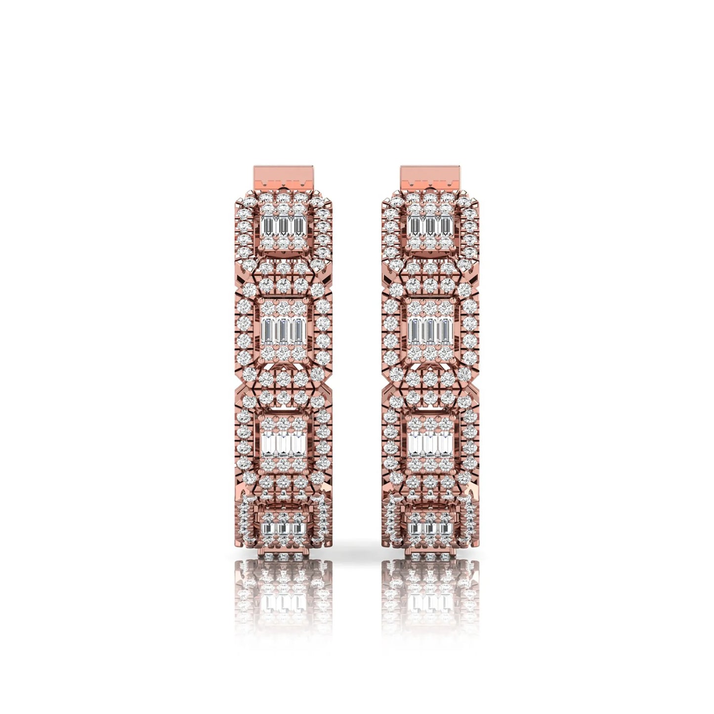 Lab grown diamond huggie hoop earrings featuring baguette cut diamond centers surrounded by round diamond halos in a geometric multi-station design in rose gold