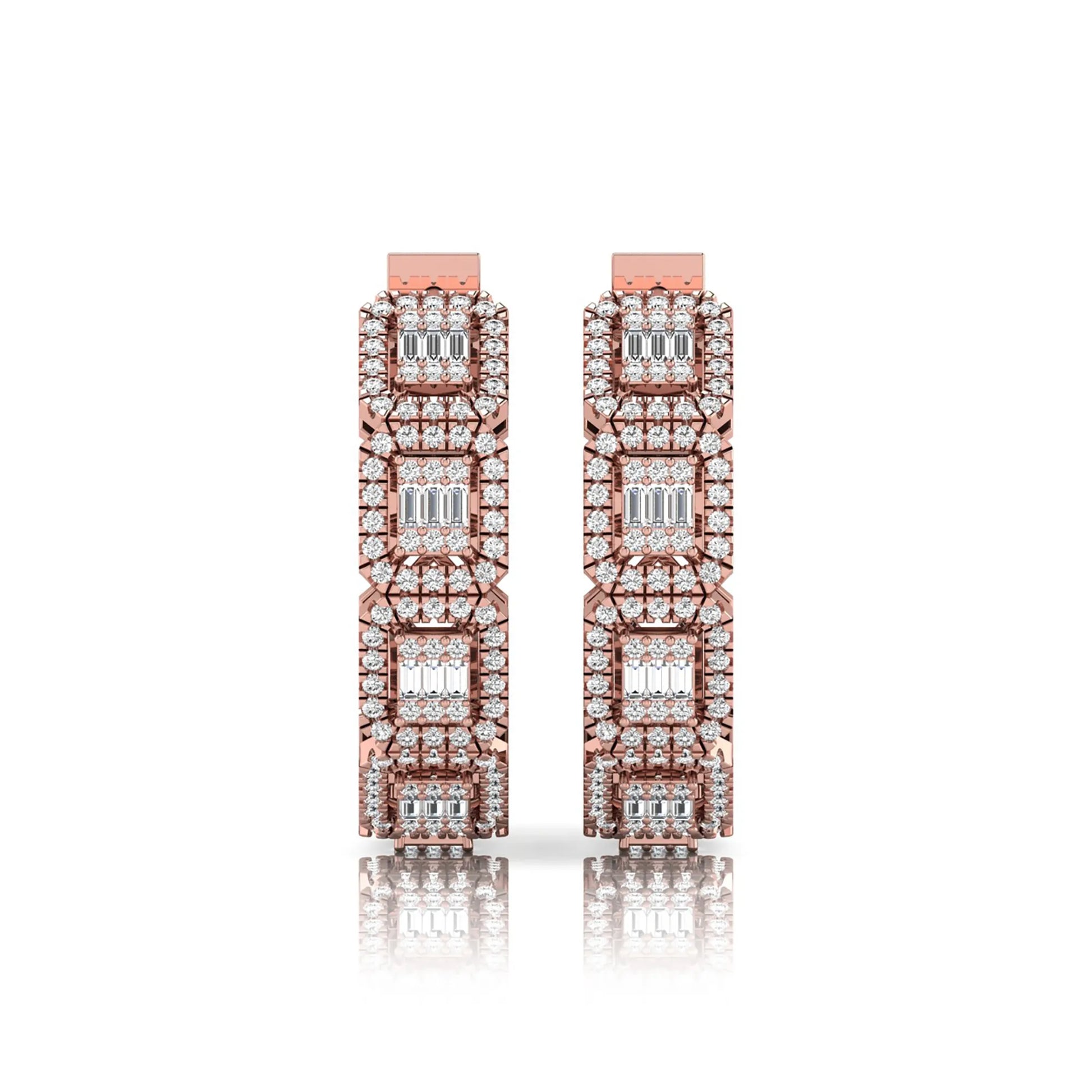 Lab grown diamond huggie hoop earrings featuring baguette cut diamond centers surrounded by round diamond halos in a geometric multi-station design in rose gold