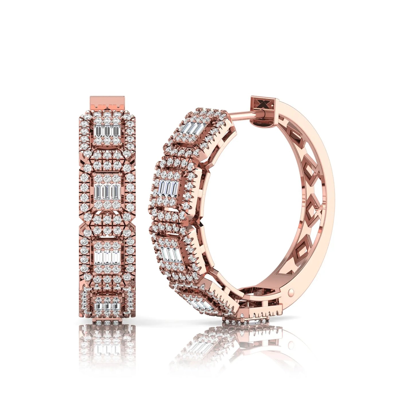 Lab grown diamond huggie hoop earrings featuring baguette cut diamond centers surrounded by round diamond halos in a geometric multi-station design in rose gold