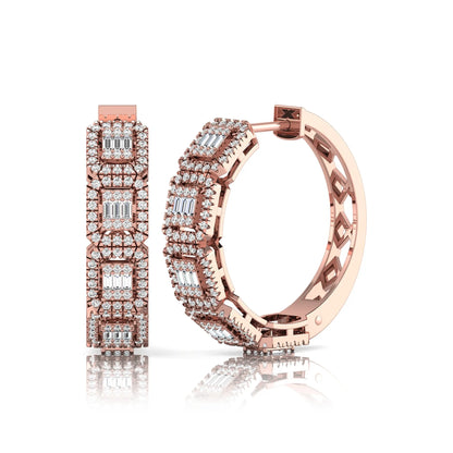 Lab grown diamond huggie hoop earrings featuring baguette cut diamond centers surrounded by round diamond halos in a geometric multi-station design in rose gold