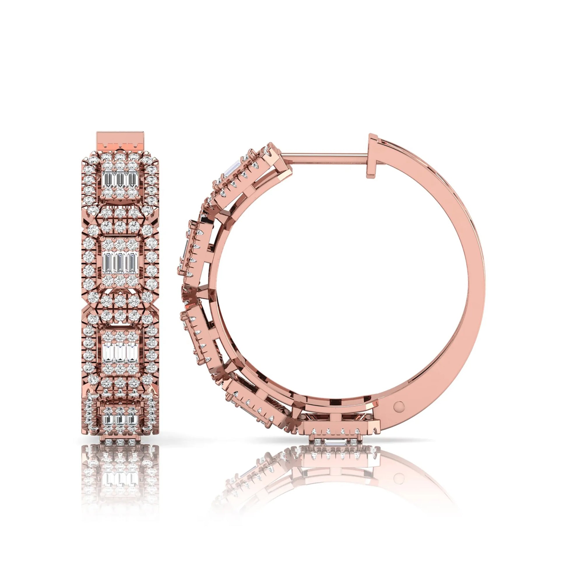 Lab grown diamond huggie hoop earrings featuring baguette cut diamond centers surrounded by round diamond halos in a geometric multi-station design in rose gold