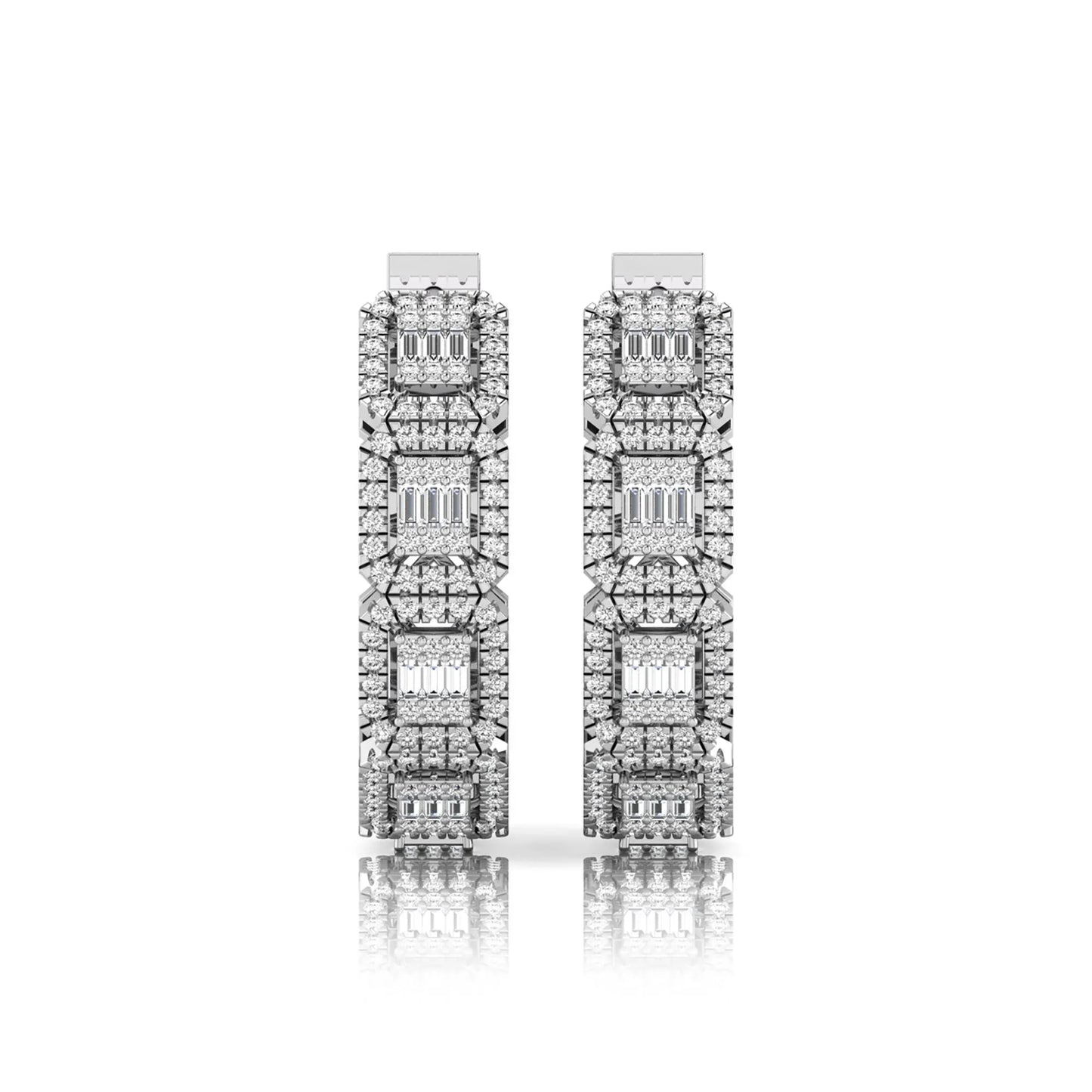 Lab grown diamond huggie hoop earrings featuring baguette cut diamond centers surrounded by round diamond halos in a geometric multi-station design in white gold