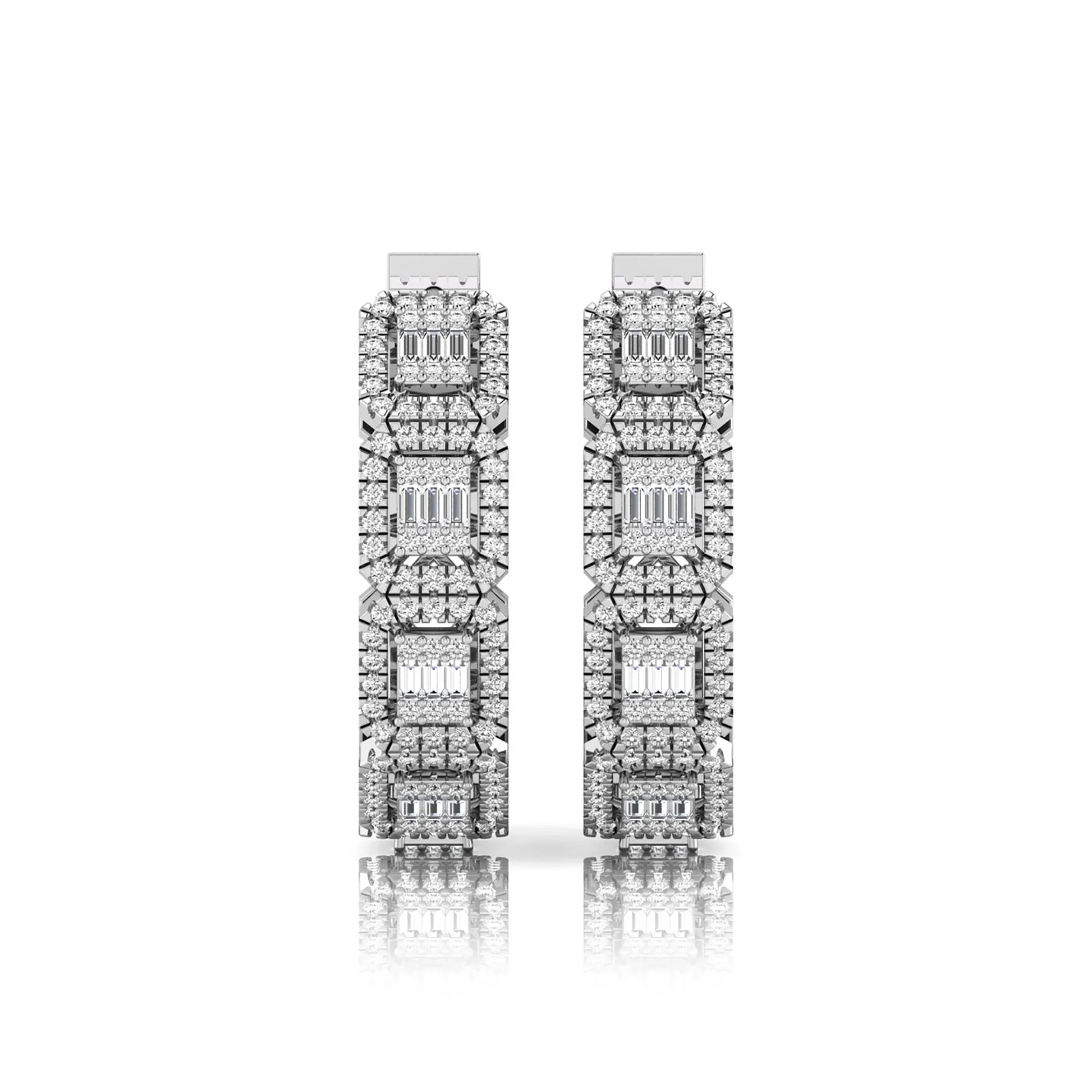 Lab grown diamond huggie hoop earrings featuring baguette cut diamond centers surrounded by round diamond halos in a geometric multi-station design in white gold