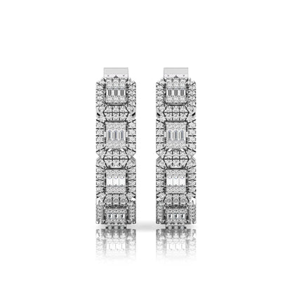 Lab grown diamond huggie hoop earrings featuring baguette cut diamond centers surrounded by round diamond halos in a geometric multi-station design in white gold