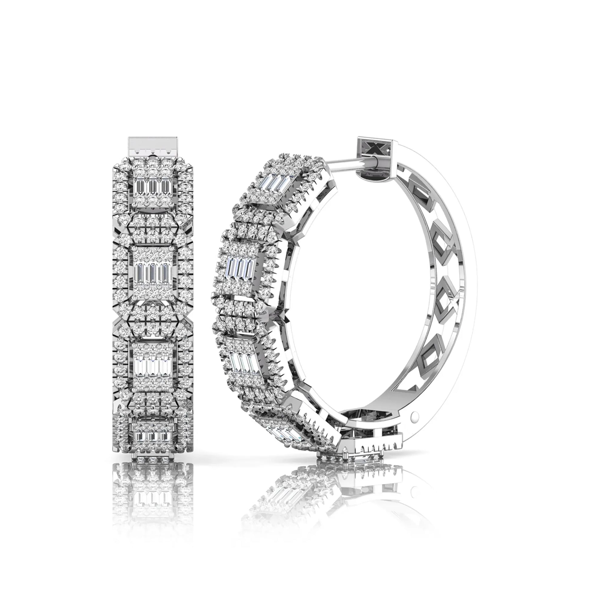 Lab grown diamond huggie hoop earrings featuring baguette cut diamond centers surrounded by round diamond halos in a geometric multi-station design in white gold
