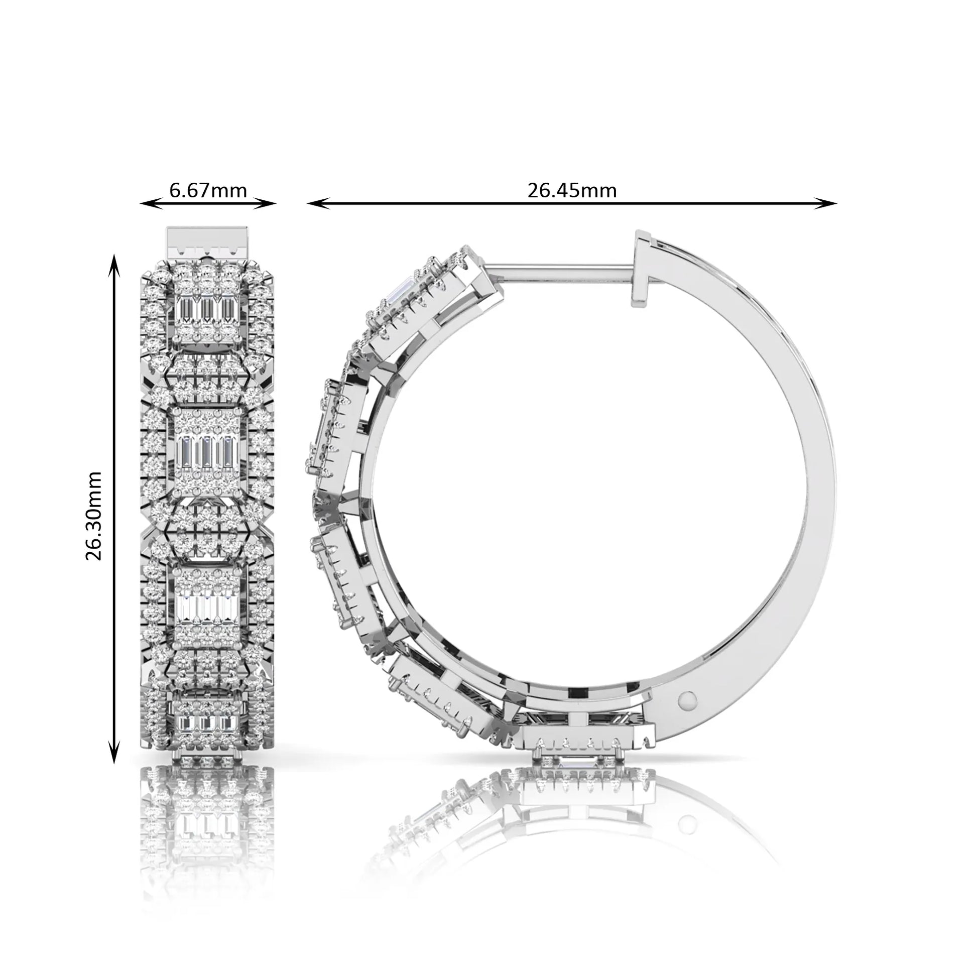 Lab grown diamond huggie hoop earrings featuring baguette cut diamond centers surrounded by round diamond halos in a geometric multi-station design in white gold