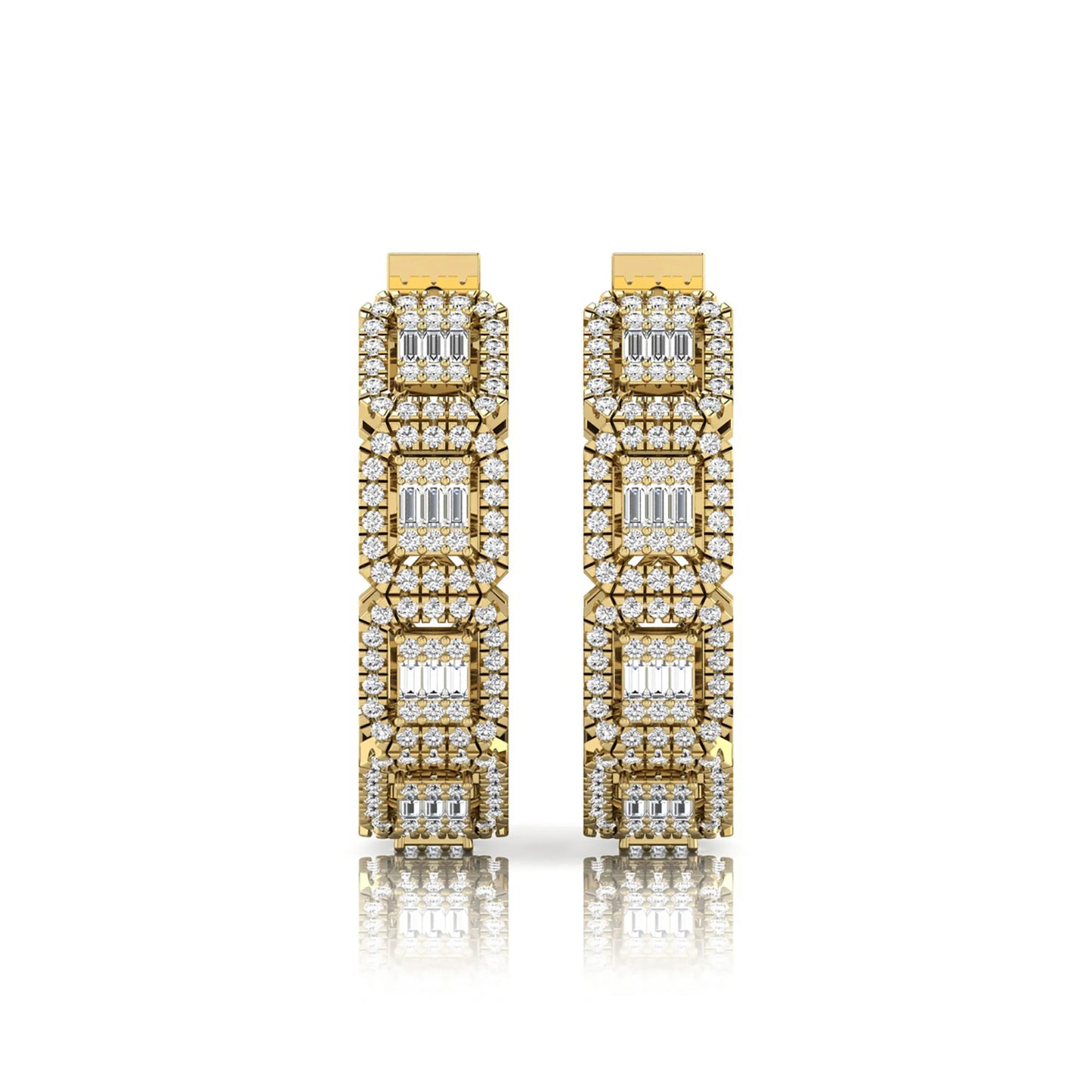 Lab grown diamond huggie hoop earrings featuring baguette cut diamond centers surrounded by round diamond halos in a geometric multi-station design in yellow gold