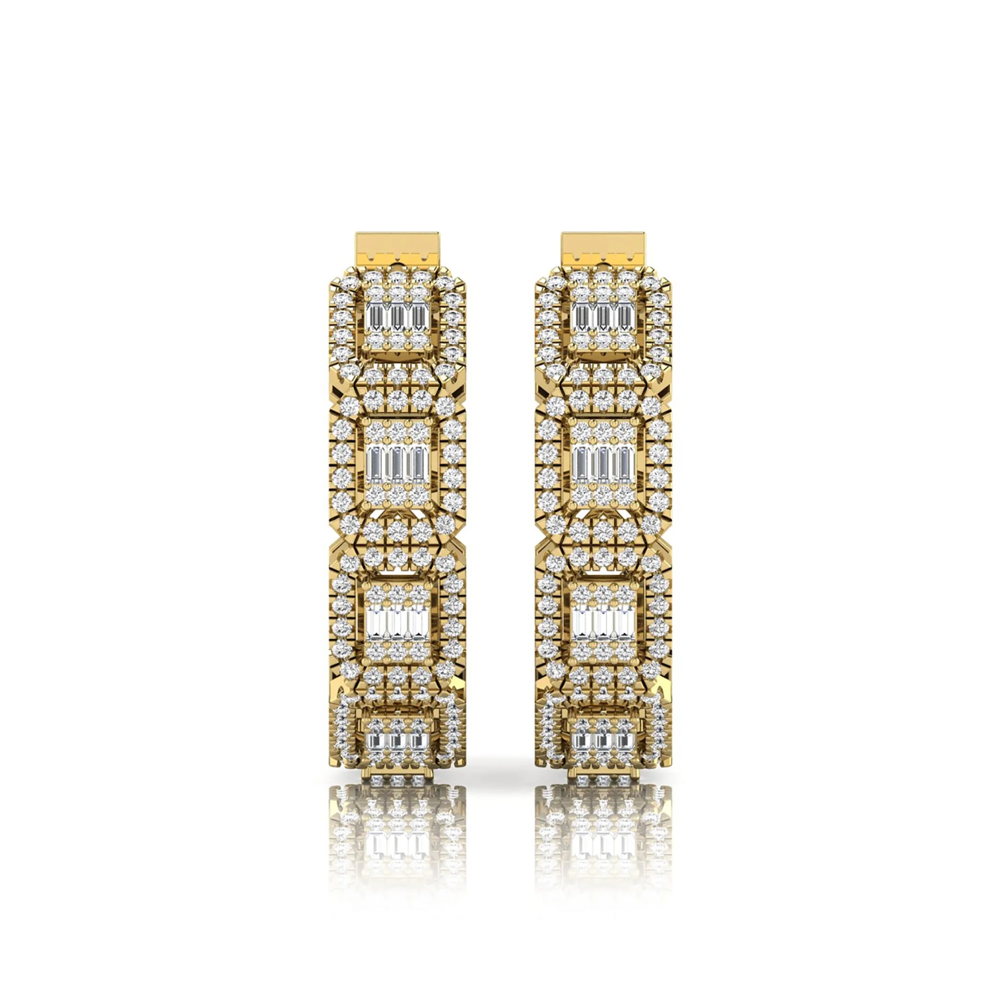 Lab grown diamond huggie hoop earrings featuring baguette cut diamond centers surrounded by round diamond halos in a geometric multi-station design in yellow gold