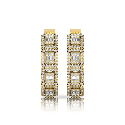 Lab grown diamond huggie hoop earrings featuring baguette cut diamond centers surrounded by round diamond halos in a geometric multi-station design in yellow gold
