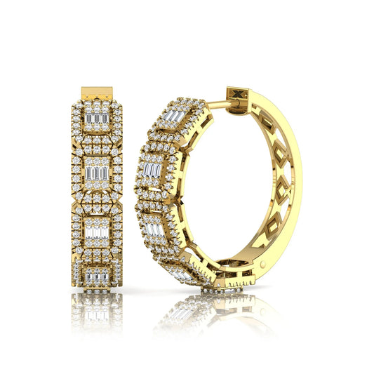 Lab grown diamond huggie hoop earrings featuring baguette cut diamond centers surrounded by round diamond halos in a geometric multi-station design in yellow gold