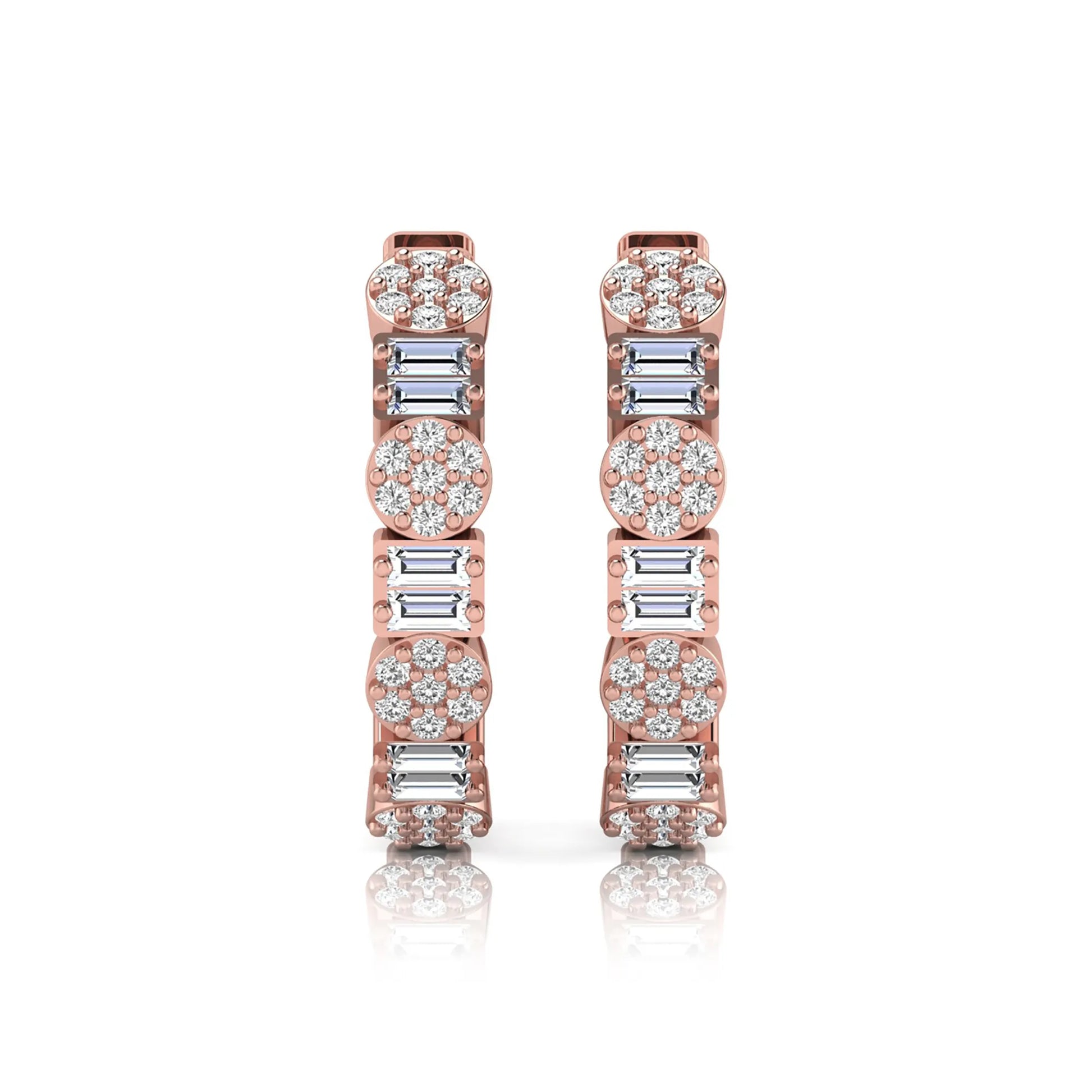 Lab grown diamond huggie hoop earrings featuring alternating baguette cut and round brilliant diamonds with pavé diamond detailing on a rose gold hinged hoop.