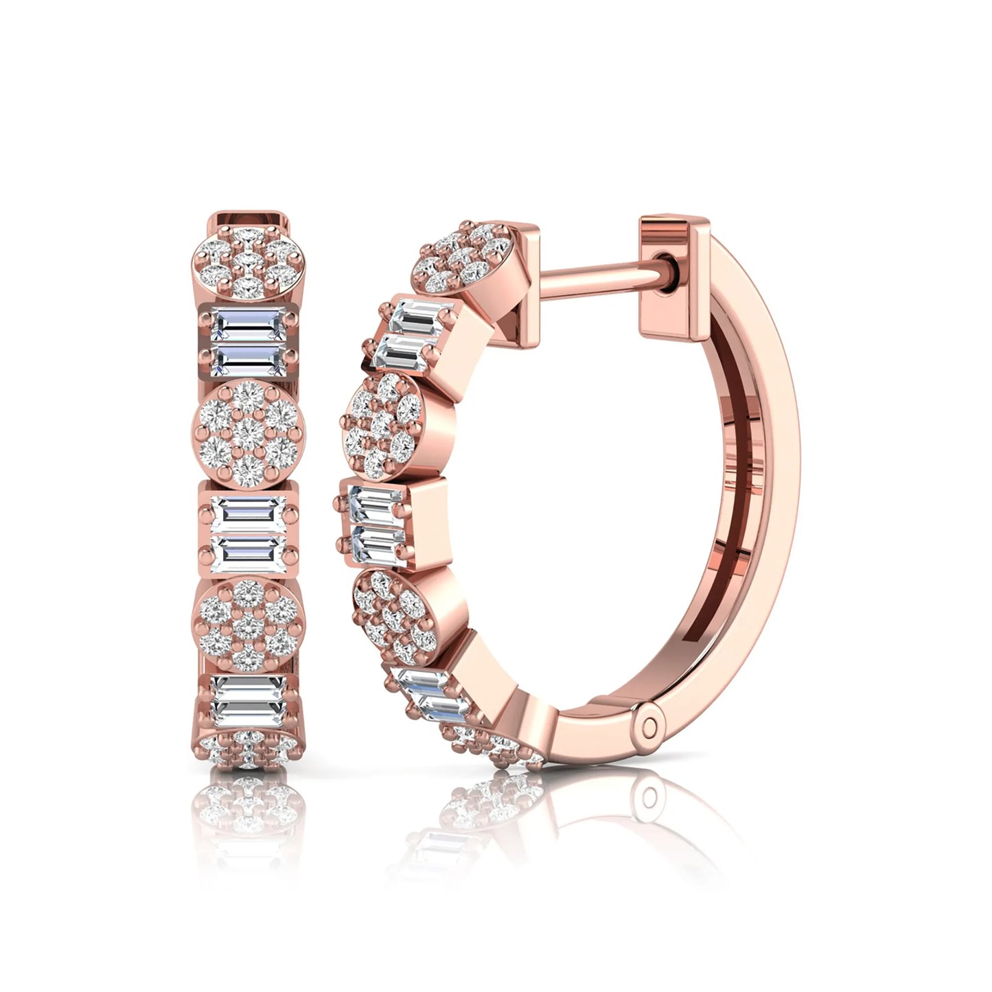 Lab grown diamond huggie hoop earrings featuring alternating baguette cut and round brilliant diamonds with pavé diamond detailing on a rose gold hinged hoop.