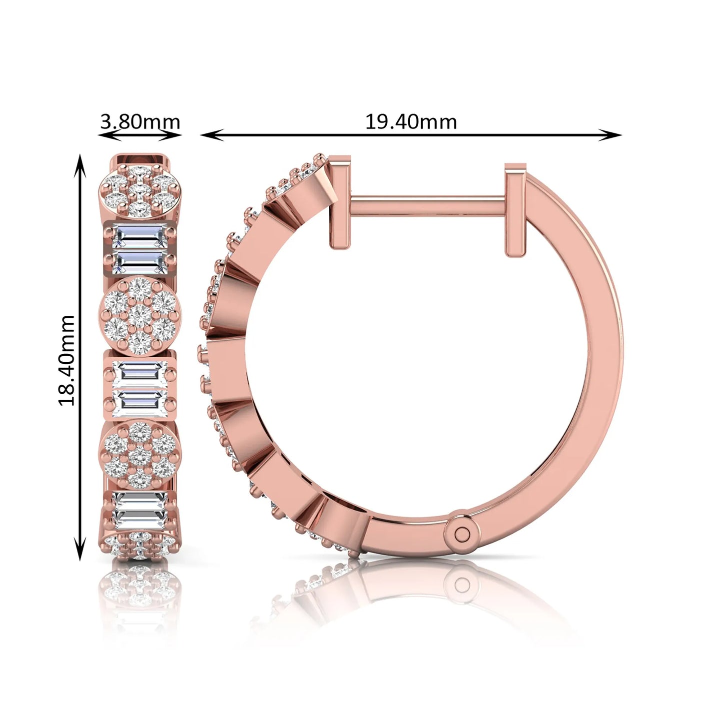 Lab grown diamond huggie hoop earrings featuring alternating baguette cut and round brilliant diamonds with pavé diamond detailing on a rose gold hinged hoop.