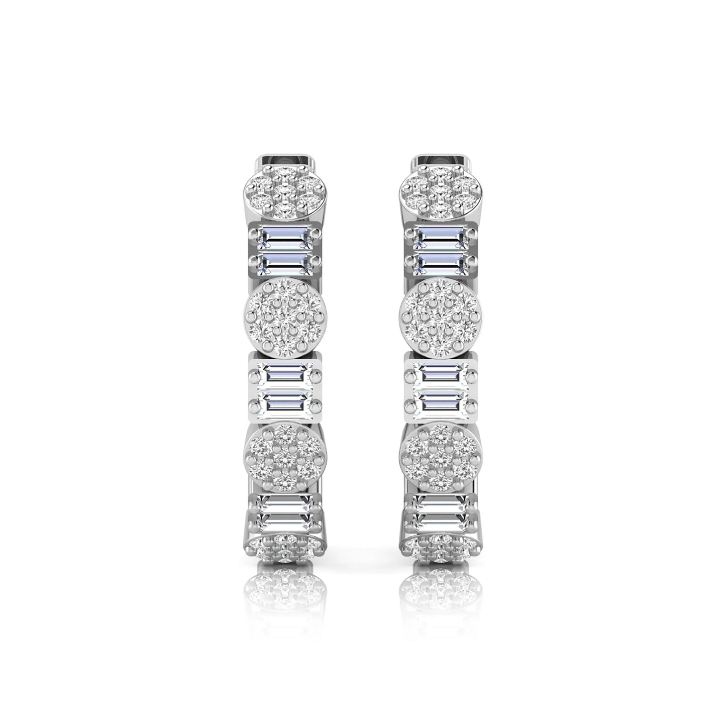 Lab grown diamond huggie hoop earrings featuring alternating baguette cut and round brilliant diamonds with pavé diamond detailing on a white gold hinged hoop.