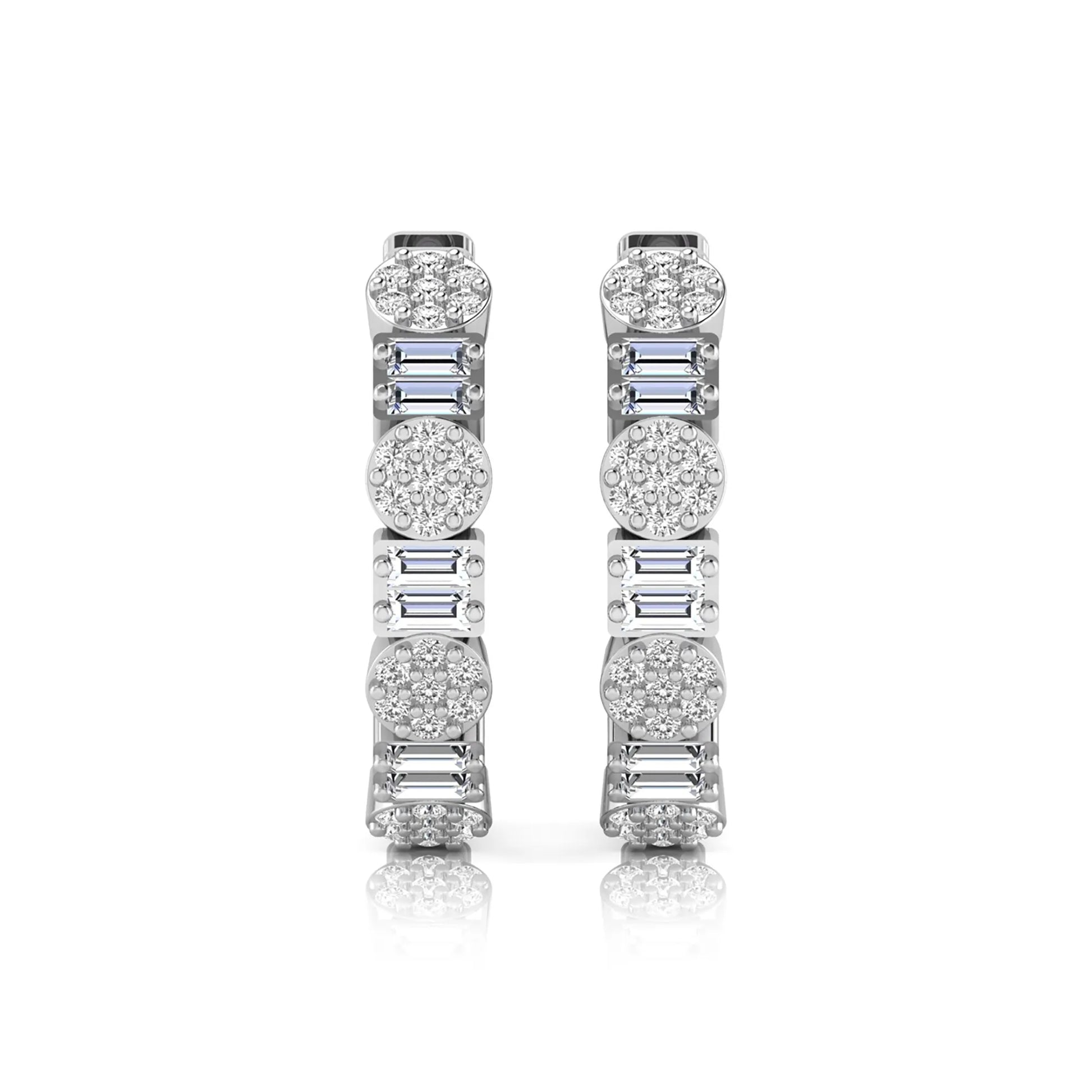 Lab grown diamond huggie hoop earrings featuring alternating baguette cut and round brilliant diamonds with pavé diamond detailing on a white gold hinged hoop.