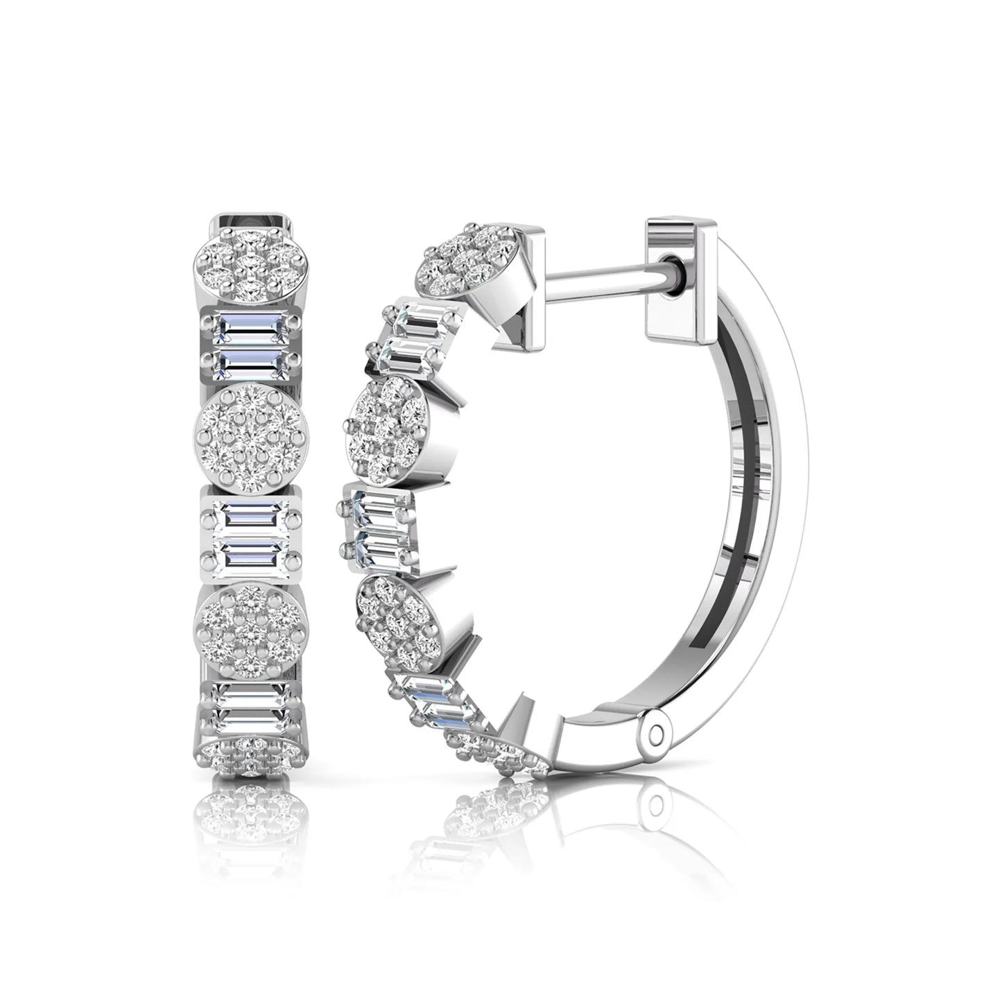 Lab grown diamond huggie hoop earrings featuring alternating baguette cut and round brilliant diamonds with pavé diamond detailing on a white gold hinged hoop.
