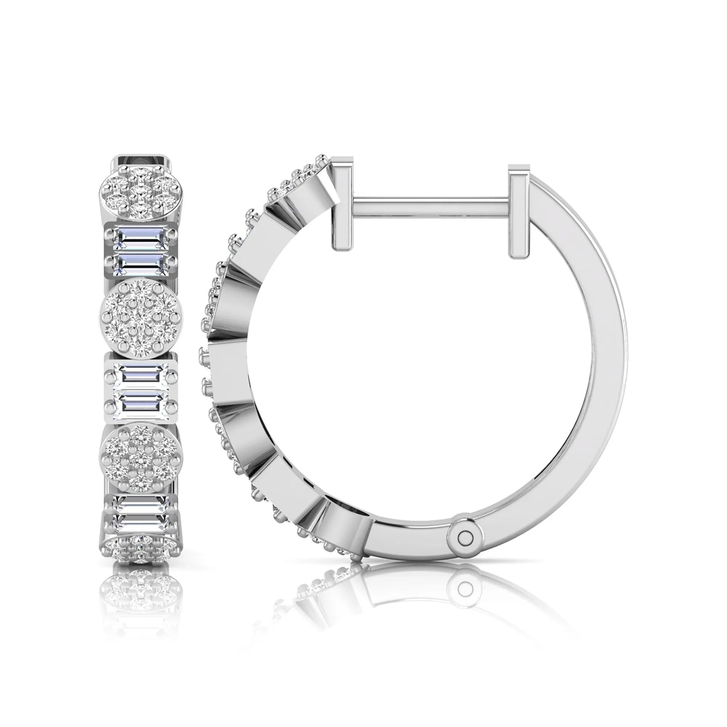Lab grown diamond huggie hoop earrings featuring alternating baguette cut and round brilliant diamonds with pavé diamond detailing on a white gold hinged hoop.